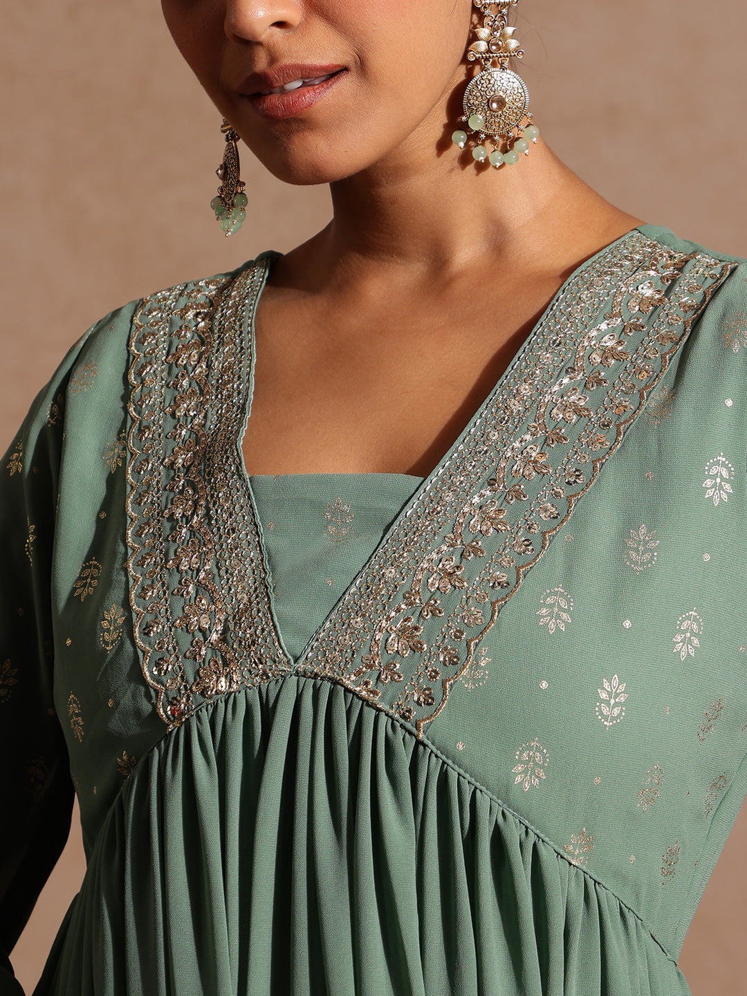 Women's Sage Green Georgette Embellished Foil Printed Gathered Kurta With Dupatta Set