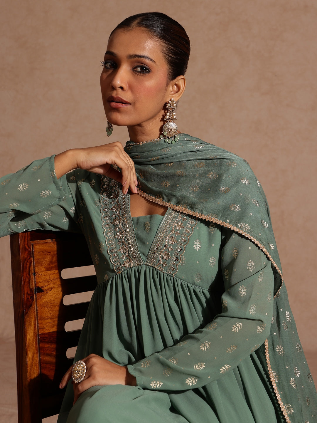 Women's Sage Green Georgette Embellished Foil Printed Gathered Kurta With Dupatta Set