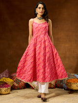 Women's Pink Pure Cotton Bandhani Printed Anarkali Kurta