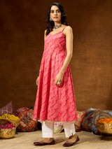 Women's Pink Pure Cotton Bandhani Printed Anarkali Kurta