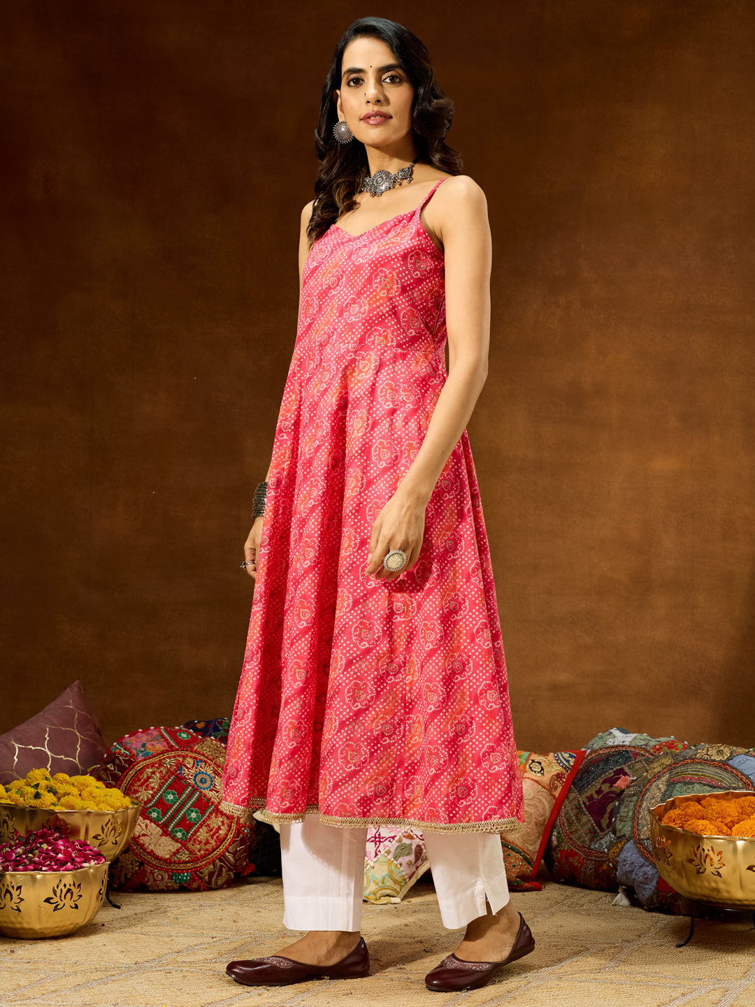 Women's Pink Pure Cotton Bandhani Printed Anarkali Kurta