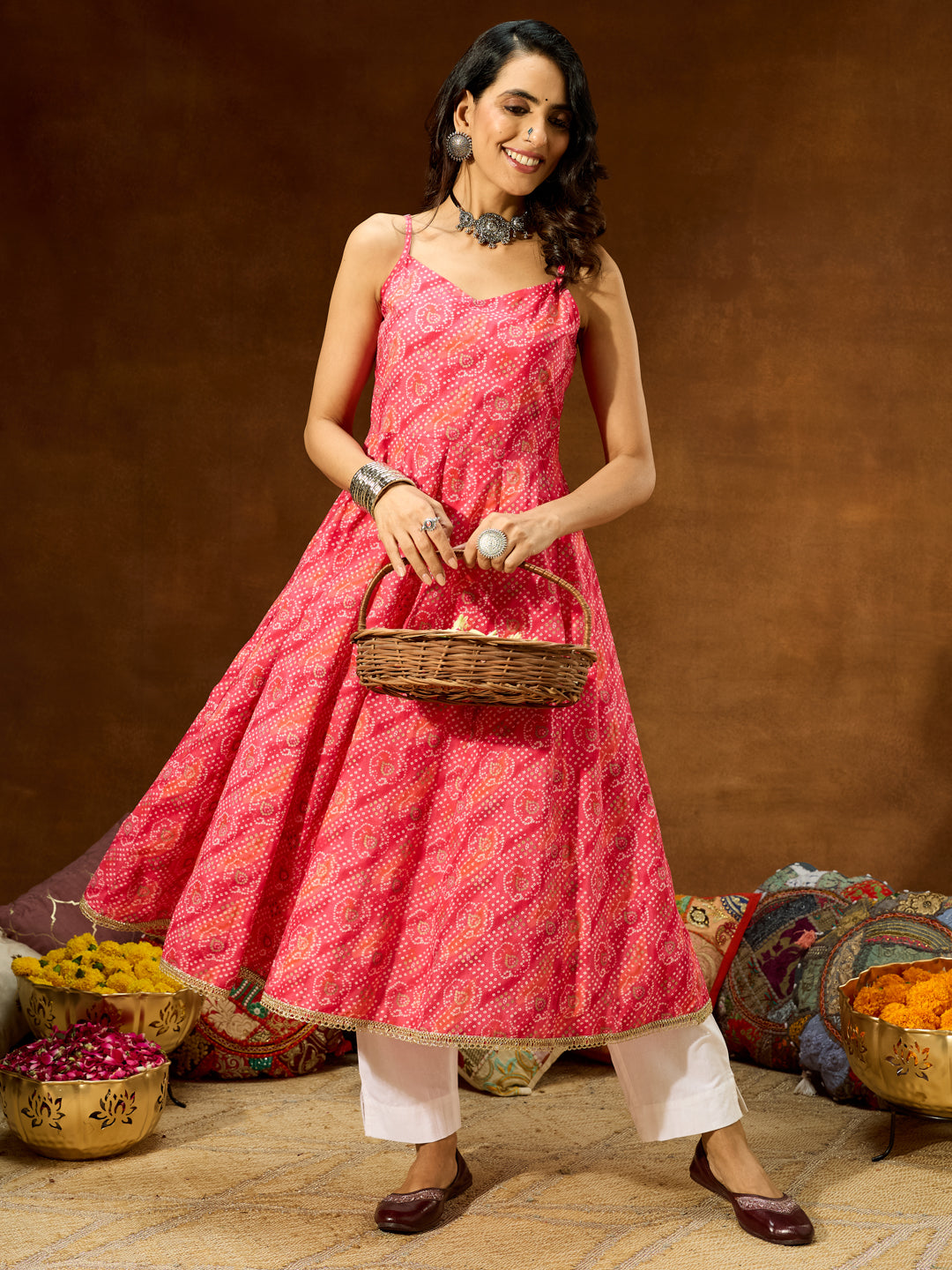 Women's Pink Pure Cotton Bandhani Printed Anarkali Kurta