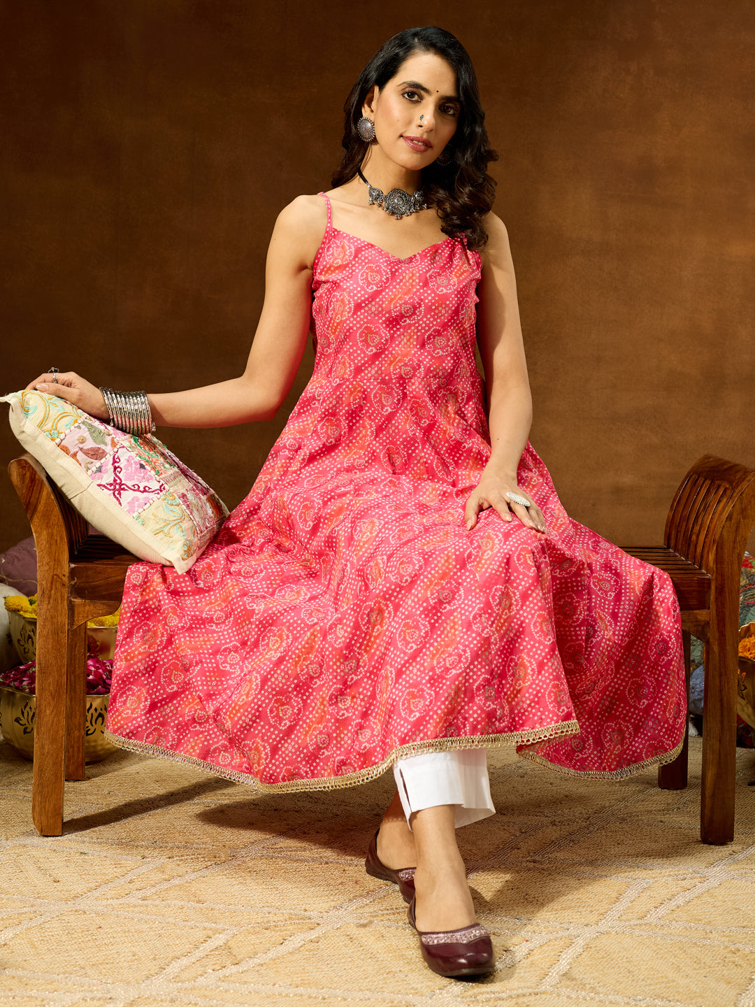 Women's Pink Pure Cotton Bandhani Printed Anarkali Kurta