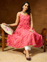 Women's Pink Pure Cotton Bandhani Printed Anarkali Kurta