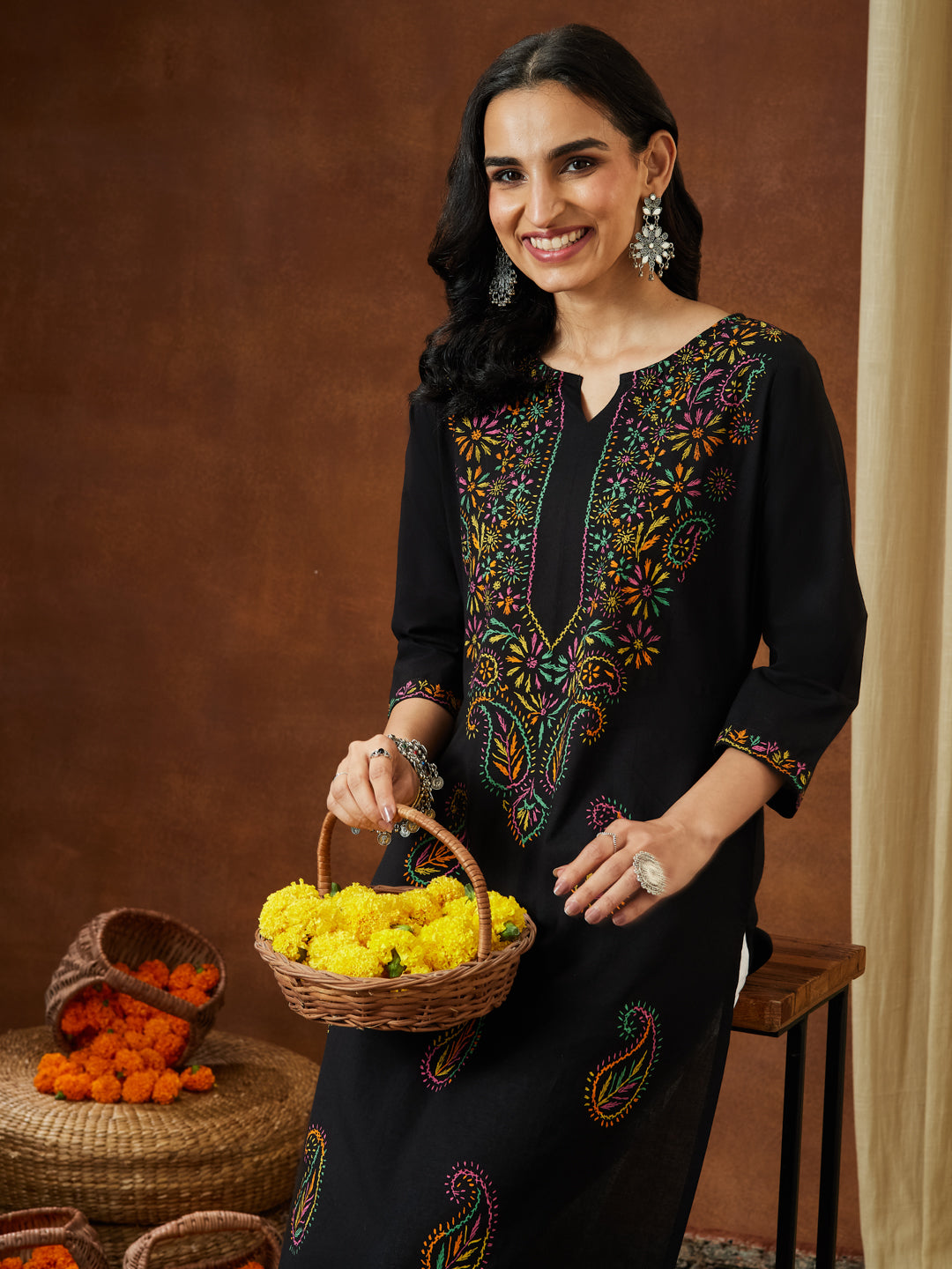 Women's Black Pure Cotton Paisley Printed Straight Kurta Set