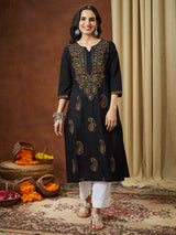 Women's Black Pure Cotton Paisley Printed Straight Kurta Set