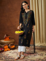 Women's Black Pure Cotton Paisley Printed Straight Kurta Set