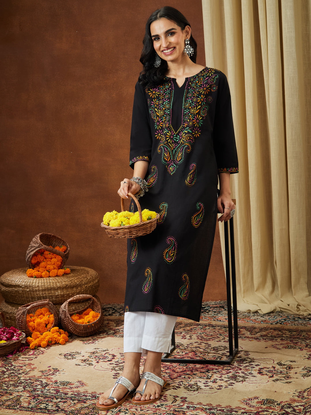 Women's Black Pure Cotton Paisley Printed Straight Kurta Set