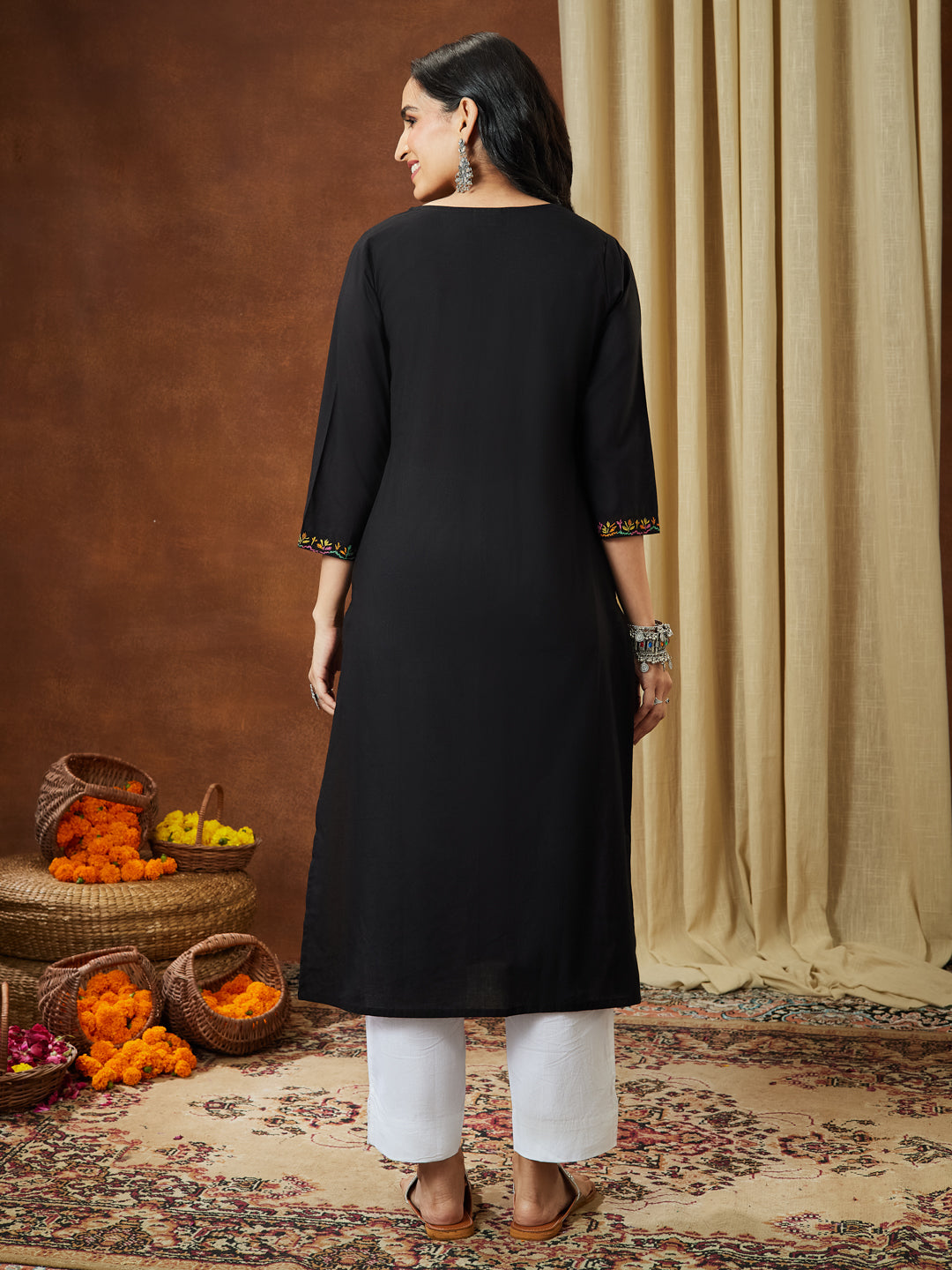 Women's Black Pure Cotton Paisley Printed Straight Kurta Set