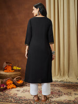 Women's Black Pure Cotton Paisley Printed Straight Kurta Set