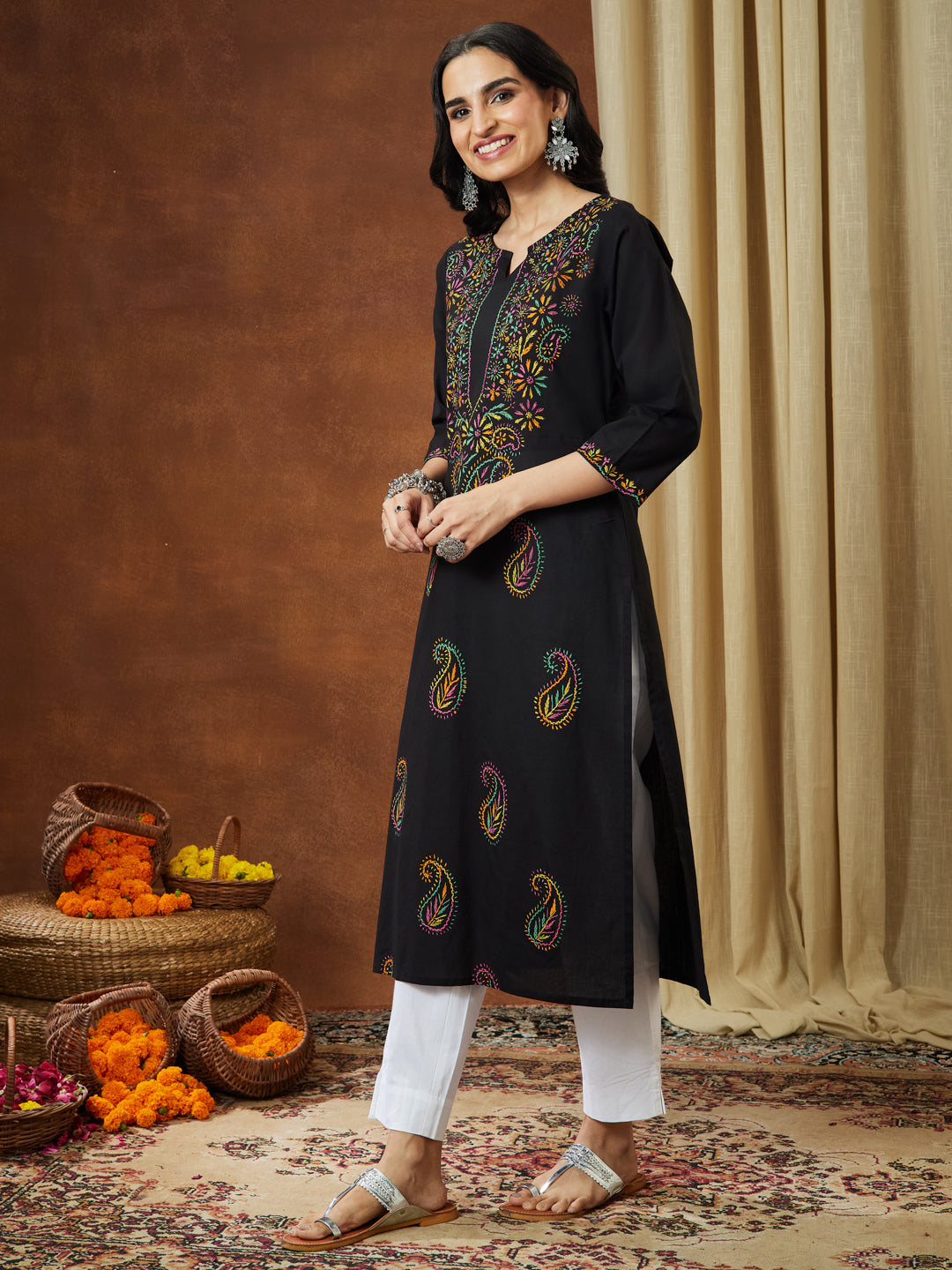 Women's Black Pure Cotton Paisley Printed Straight Kurta Set