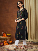 Women's Black Pure Cotton Paisley Printed Straight Kurta Set