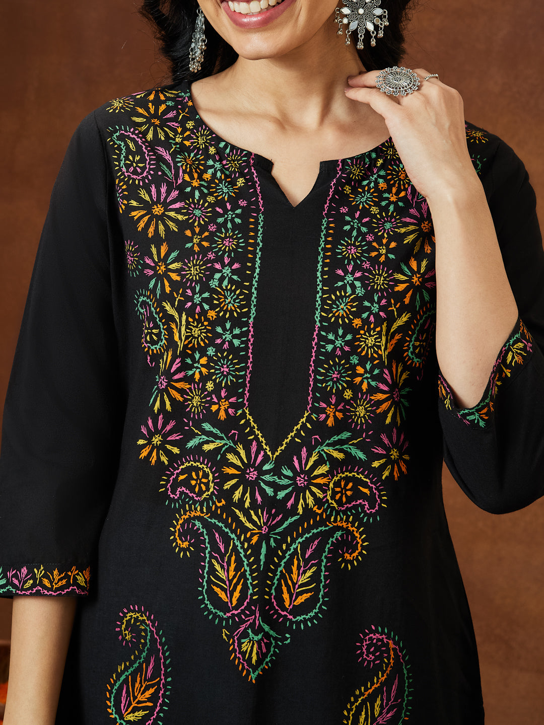 Women's Black Pure Cotton Paisley Printed Straight Kurta Set