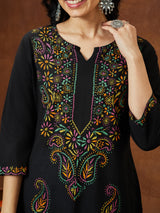 Women's Black Pure Cotton Paisley Printed Straight Kurta Set