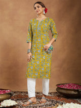 Women's Mustard Pure Cotton Floral Printed Straight Kurta