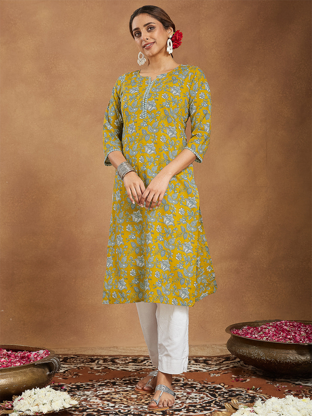 Women's Mustard Pure Cotton Floral Printed Straight Kurta