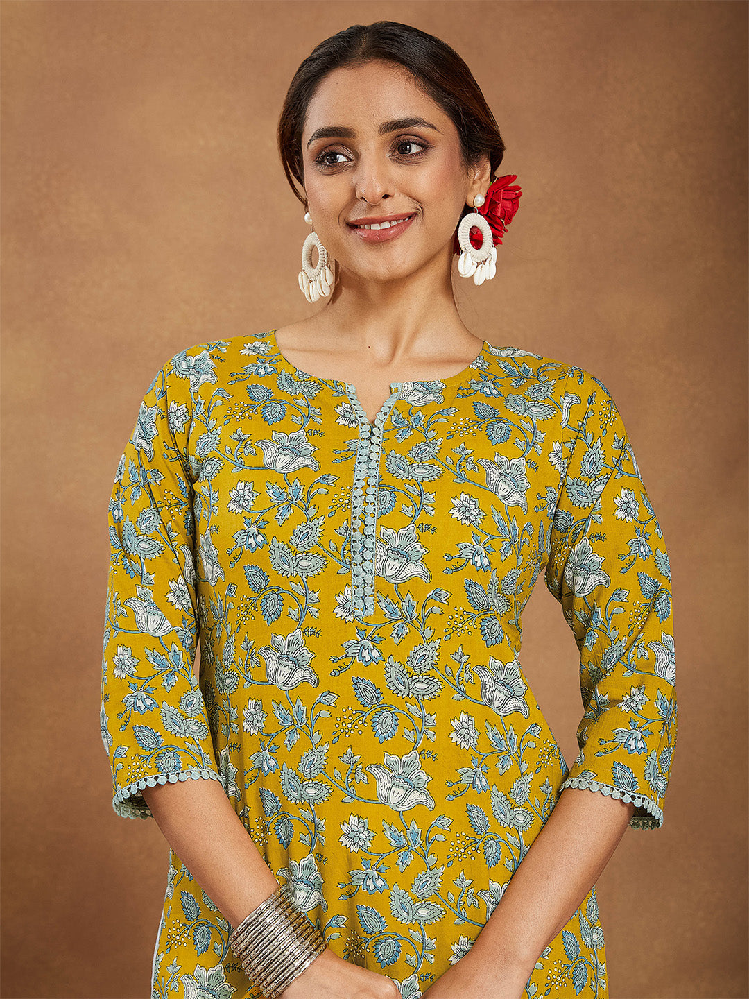 Women's Mustard Pure Cotton Floral Printed Straight Kurta