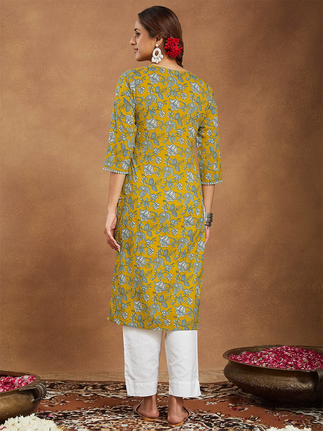 Women's Mustard Pure Cotton Floral Printed Straight Kurta