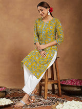 Women's Mustard Pure Cotton Floral Printed Straight Kurta