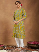 Women's Mustard Pure Cotton Floral Printed Straight Kurta