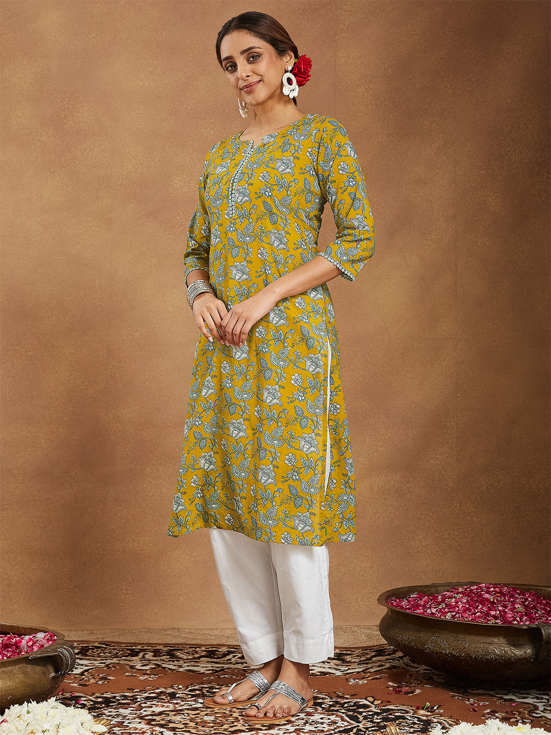 Women's Mustard Pure Cotton Floral Printed Straight Kurta