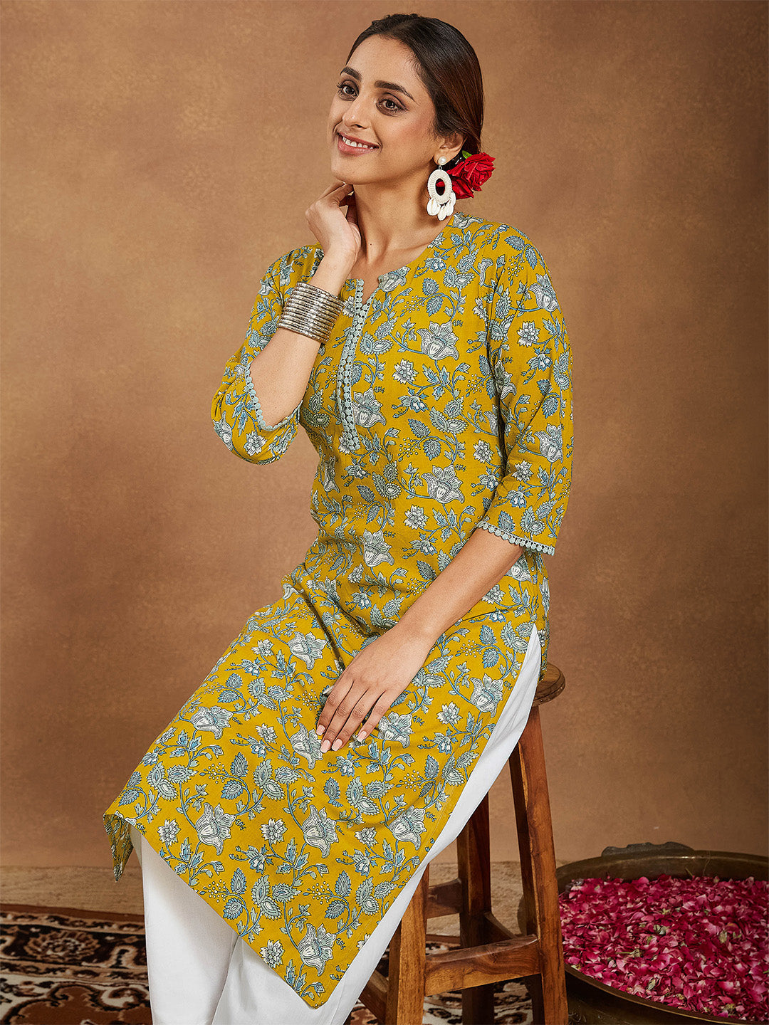 Women's Mustard Pure Cotton Floral Printed Straight Kurta