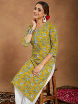 Women's Mustard Pure Cotton Floral Printed Straight Kurta