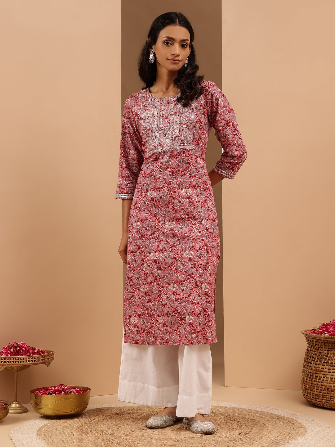 Women's Pink Pure Cotton Yoke Embroidered Straight Kurta