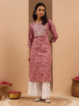 Women's Pink Pure Cotton Yoke Embroidered Straight Kurta