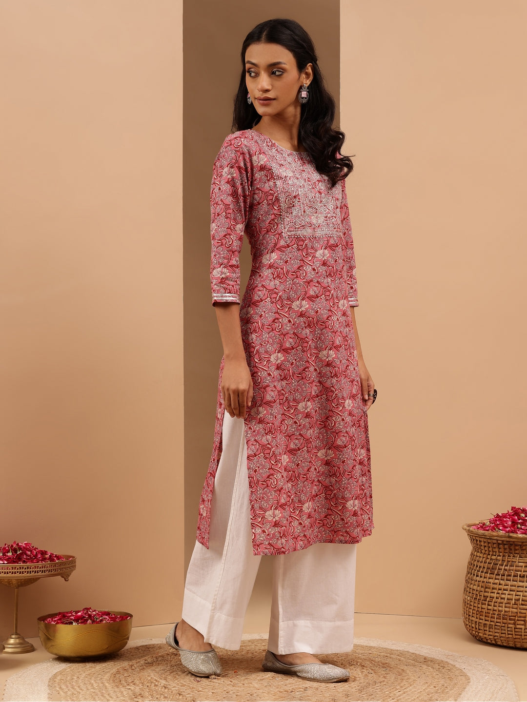 Women's Pink Pure Cotton Yoke Embroidered Straight Kurta
