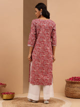 Women's Pink Pure Cotton Yoke Embroidered Straight Kurta