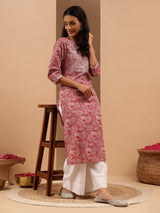 Women's Pink Pure Cotton Yoke Embroidered Straight Kurta
