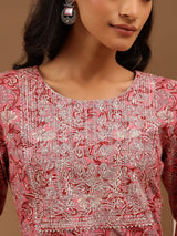 Women's Pink Pure Cotton Yoke Embroidered Straight Kurta