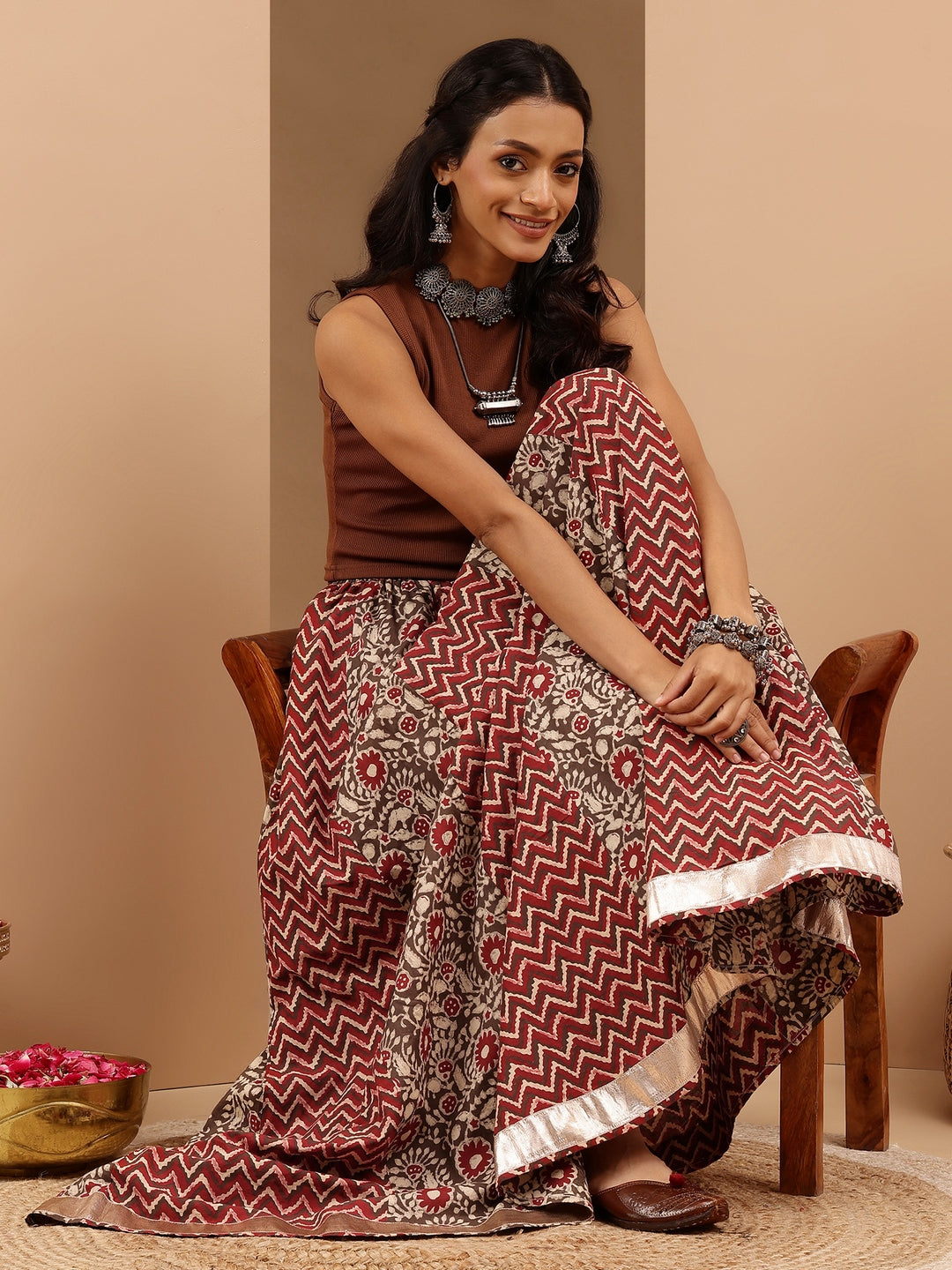 Women's Maroon Pure Cotton Ethnic Printed Flared Skirt