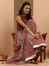 Women's Maroon Pure Cotton Ethnic Printed Flared Skirt