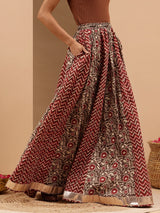 Women's Maroon Pure Cotton Ethnic Printed Flared Skirt