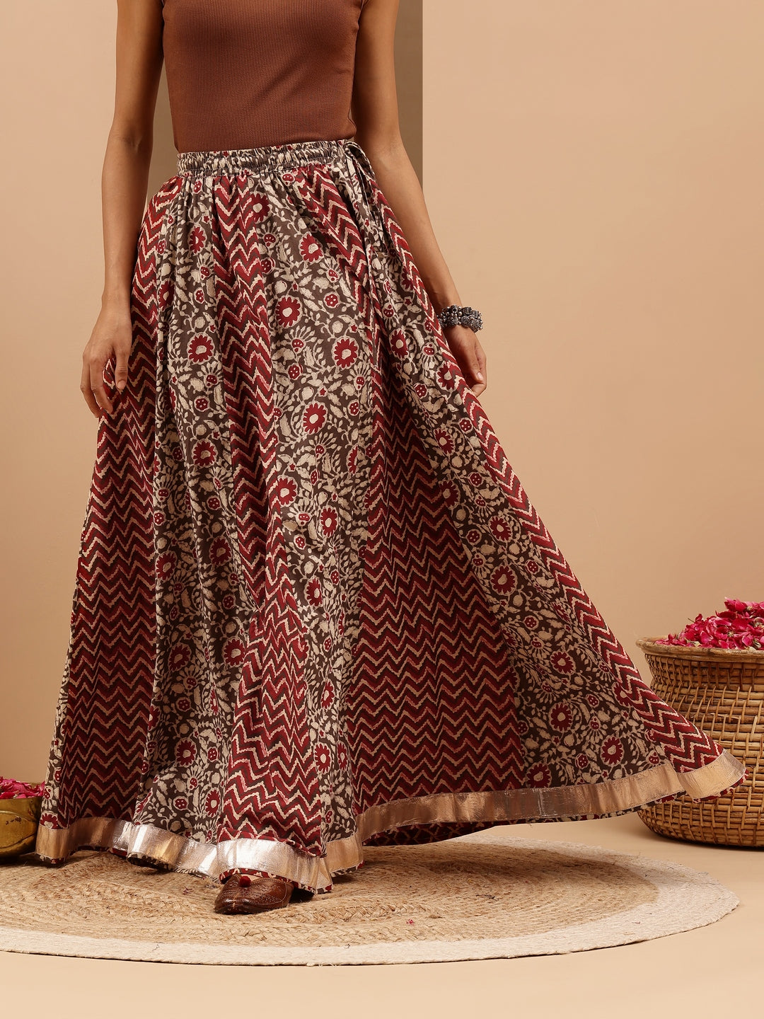Women's Maroon Pure Cotton Ethnic Printed Flared Skirt