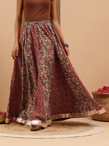 Women's Maroon Pure Cotton Ethnic Printed Flared Skirt