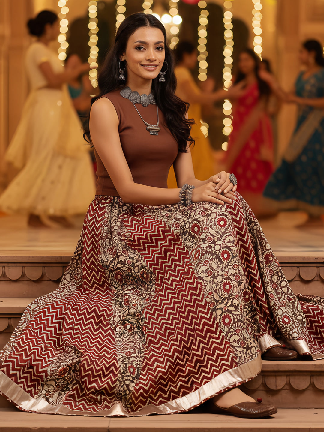 Women's Maroon Pure Cotton Ethnic Printed Flared Skirt