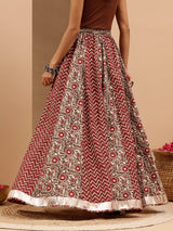 Women's Maroon Pure Cotton Ethnic Printed Flared Skirt