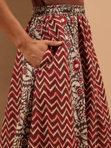 Women's Maroon Pure Cotton Ethnic Printed Flared Skirt