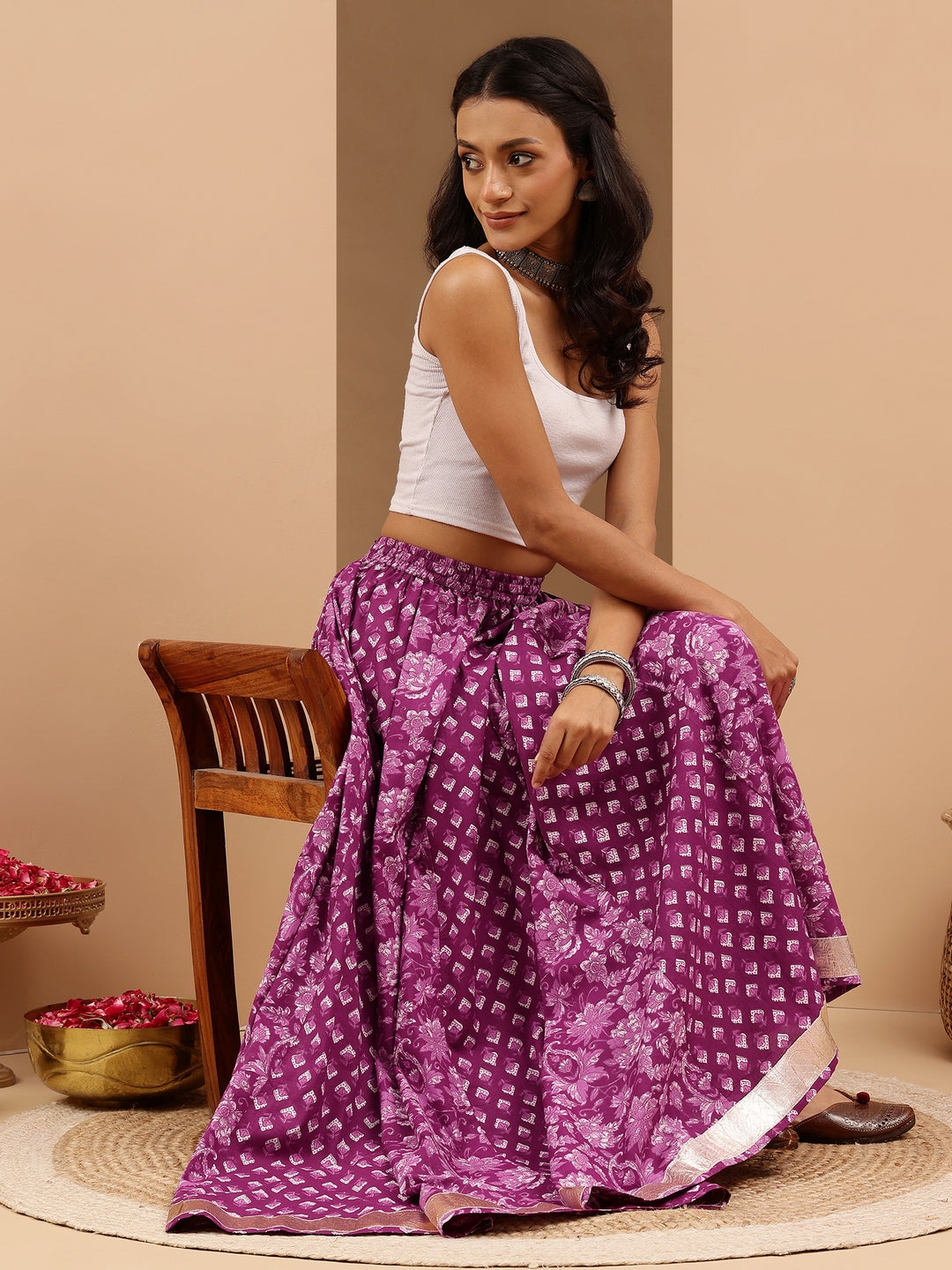 Women's Purple Pure Cotton Floral Printed Flared Skirt