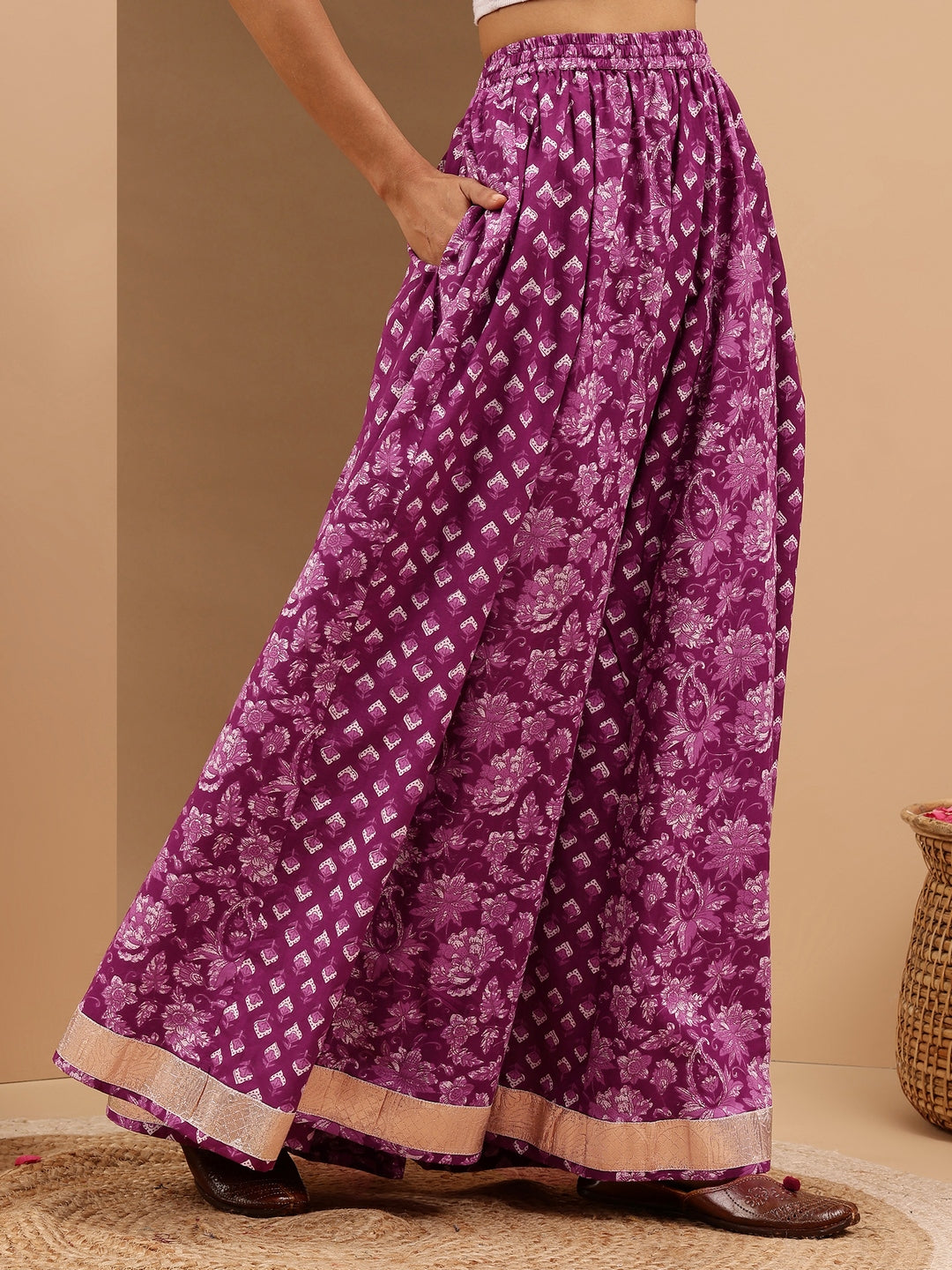 Women's Purple Pure Cotton Floral Printed Flared Skirt