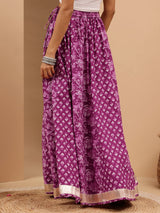 Women's Purple Pure Cotton Floral Printed Flared Skirt