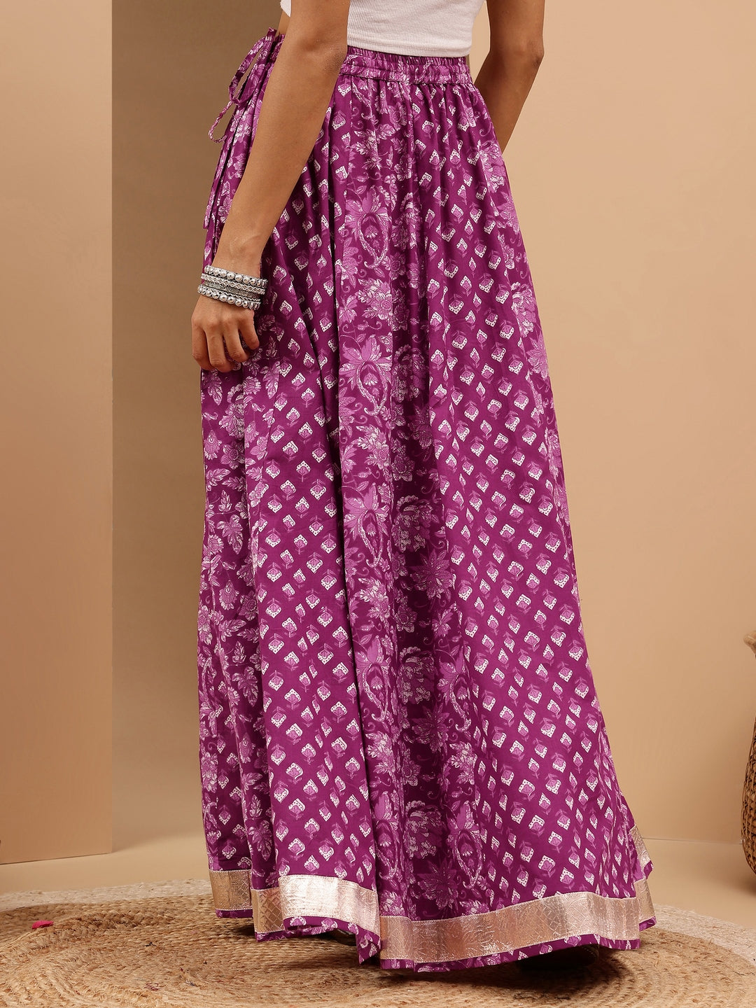 Women's Purple Pure Cotton Floral Printed Flared Skirt
