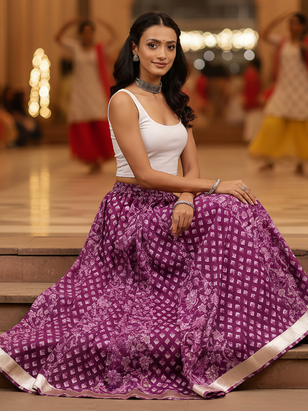 Women's Purple Pure Cotton Floral Printed Flared Skirt