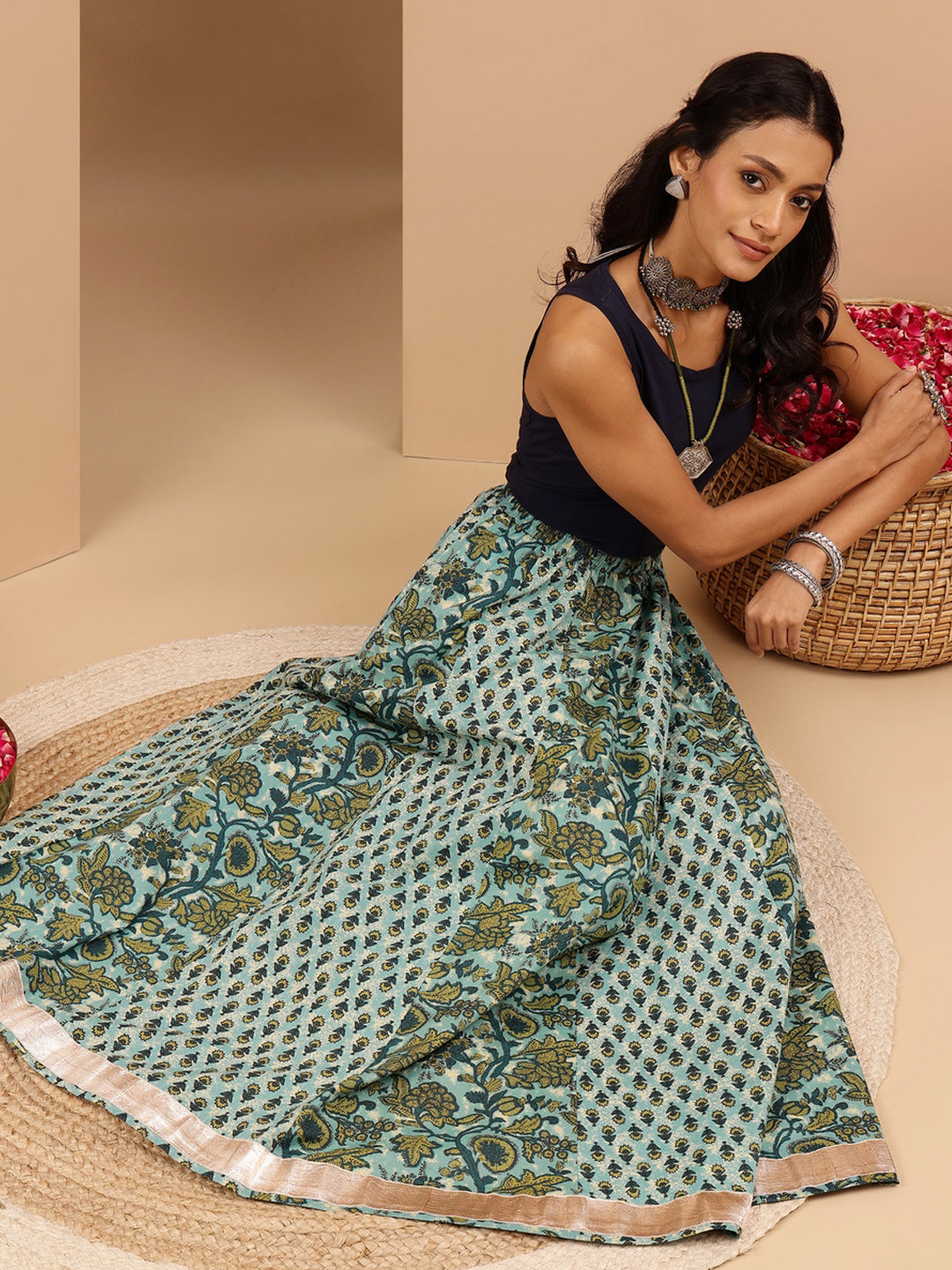 Women's Aqua Green Pure Cotton Floral Printed Skirt