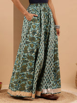 Women's Aqua Green Pure Cotton Floral Printed Skirt