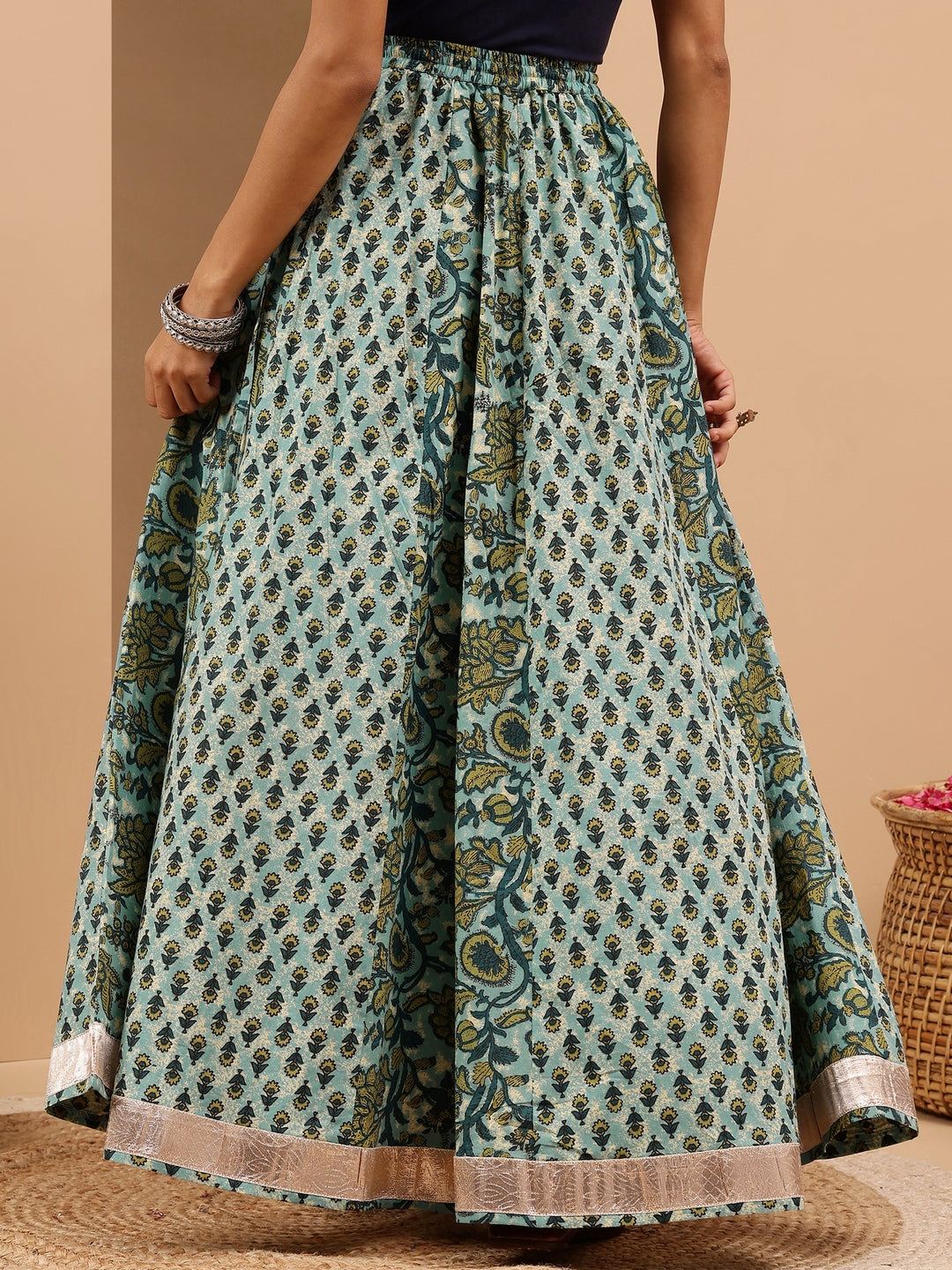 Women's Aqua Green Pure Cotton Floral Printed Skirt