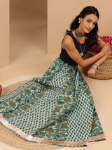 Women's Aqua Green Pure Cotton Floral Printed Skirt